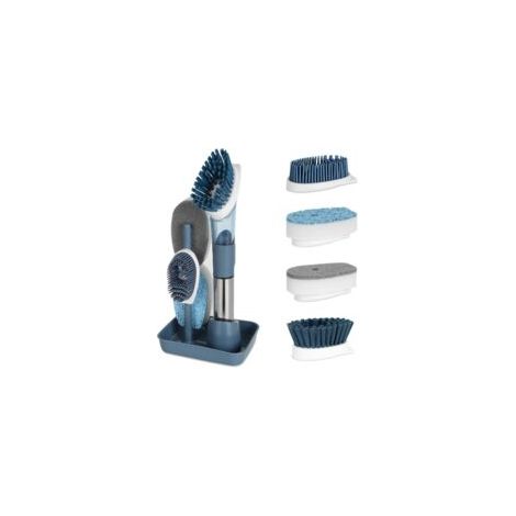 Spazzola per piatti 4 in 1 con dispenser di liquido, spazzola per piatti con manico e supporto, spazzola da cucina sostituibile per lavare piatti, pulire pentole, padelle e lavelli, blu - Crezuo