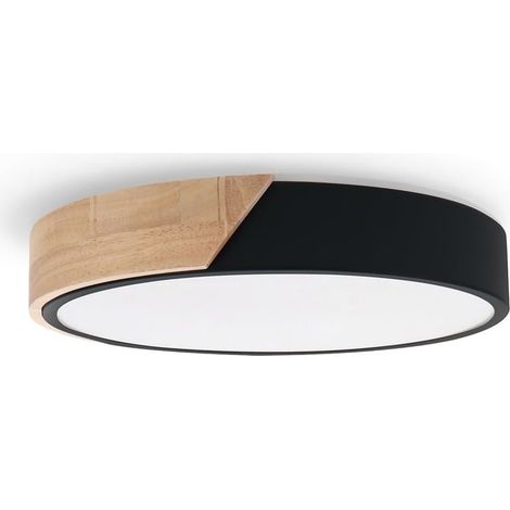 Plafonnier LED Rond Noir 24W Design Blanc avec Bois Naturel (1/5)