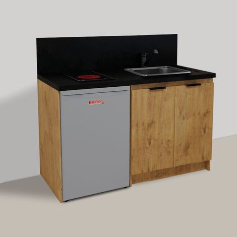 Inoval – Kitchenette chêne golden 140cm – Meuble bas mélaminé 16mm – Plaque vitrocéramique 3000W – Réfrigérateur table top 106L avec congélateur (1/4)