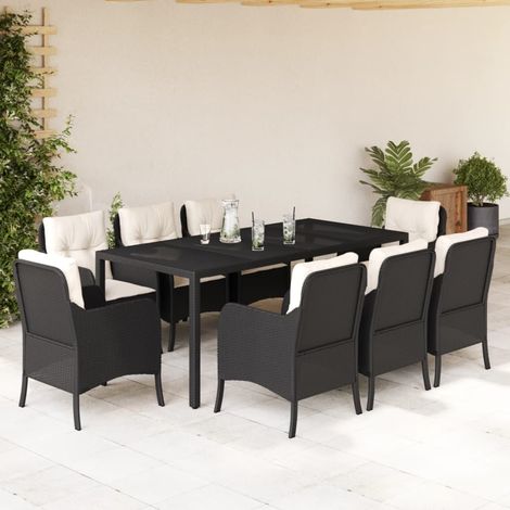 Salon de jardin repas 9 pièces en résine tressée noir avec table, 8 chaises et coussins, 90.8kg - PANGIVO (1/5)