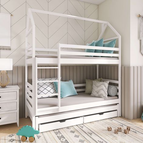 Hüttenbett Etagenbett 90x200 Lattenrost Ausziehbett und Schubladen Antonin Weiß