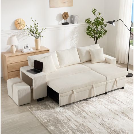 Divano letto angolare 231x131.5x84 cm, funzione letto, contenitore nascosto, ricarica USB e Tipo C, velluto a coste beige (1/5)