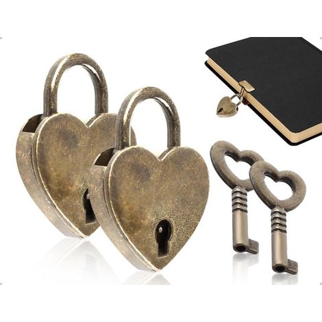 2x Mini cadenas forme cœur bronze avec clé, cadenas d'amour vintage pour journal intime et boîte à bijoux