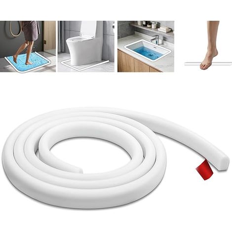Joint Porte Douche, 200cm Seuil de Barrage D'eau Autocollant, Barrière Anti Débordement, Barriere Inondation Silicone, Barre pour Salle Bains et Cuisine, Blanc (1/5)