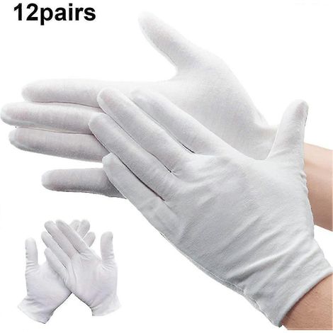 12 paires de gants de travail unisexes en coton blanc, doux, élastiques, épais et réutilisables pour les pièces, les bijoux, l'argenterie ou l'inspection photographique, l'eczéma, les peaux sèches et (1/4)