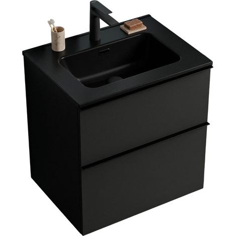 BERNSTEIN - Mobile lavabo sospeso MDF nero opaco, lavandini neri opachi + foro rubinetto, maniglia nera opaca - 61x64x47cm - LAVOA	Nero opaco, Nero opaco, Nero opaco (1/5)