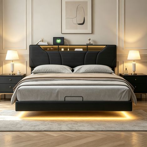 Lit flottant capitonné 140x200 cm, Lit adulte avec ports USB et éclairage LED, Lit double avec tête de lit de rangement, Sommier à lattes, PU, noir (1/5)