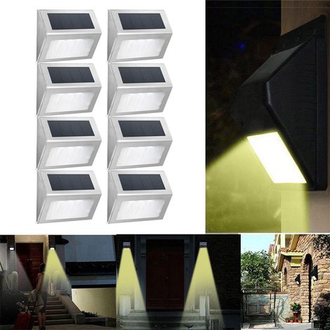Paquete de 8 luces solares para exterior Apliques de pared triangulares, iluminación decorativa, acero inoxidable [3 LED blancos] (1/5)