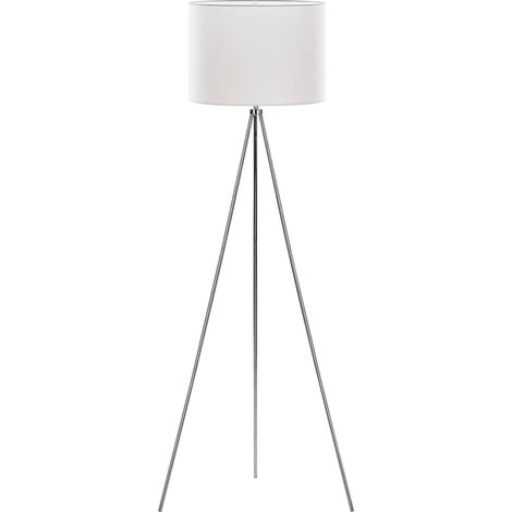 Lampadaire Design Trépied Blanc / Chromé en Tissu et Métal avec Abat-jour Type Cylindre E27 Max 40W pour Éclairage de Chambre ou Salon Glamour Beliani (1/5)