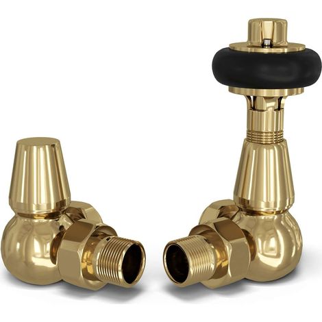 Signature Wooden Head - Polished Brass Thermostatic Radiator Valve & Lockshield Corner 8mm