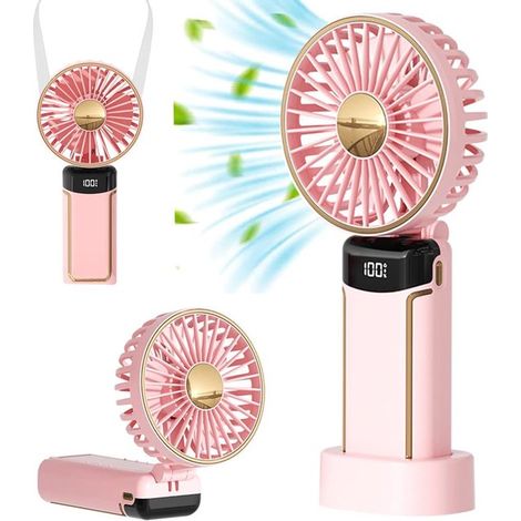 Ventilateur portable rechargeable USB, 5 vitesses, batterie 3600 mAh, réglable à 180°, avec affichage du niveau de batterie, pour maison, bureau et voyage, rose (1/5)