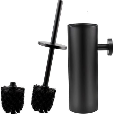 Scopino per WC con testina di ricambio e colla, scopino per WC a parete in acciaio inox con contenitore e coperchio, manico lungo, accessori da bagno nero opaco.
