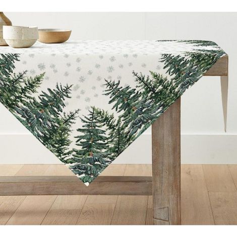 Weihnachts-Tischdecke Kiefern & Schneeflocken 100x100 cm Beige, pflegeleicht