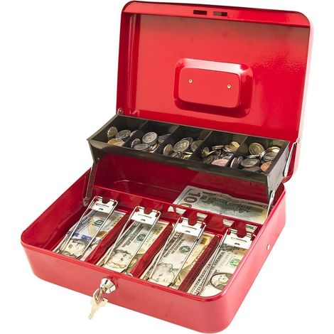 Locking Cash Box with Lock,Money Box with Cash Tray,Lock Safe Box with Key,Money Saving Organizer,11.81Lx 9.45Wx 3.54H Inches,Red XL Large (1/5)
