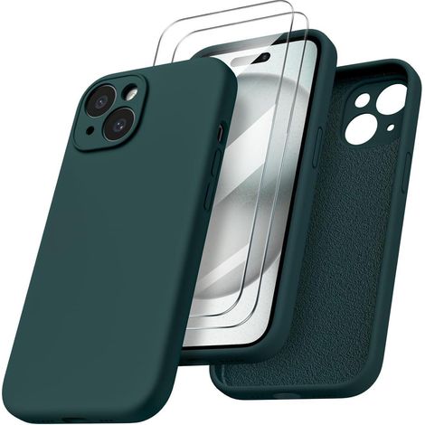 Coque silicone liquide avec protection caméra et 2 films protecteurs pour iPhone 15 6.1" vert olive (1/5)