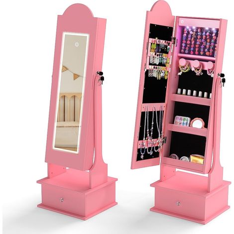 COSTWAY Armadietto Gioielli per Bambini con Luci, Organizzatore di Gioielli con Specchio a Figura Intera e 2 Angoli Inclinabili, Armadio Gioielli Principessa per Camera e Sala Giochi (Rosa) (1/5)