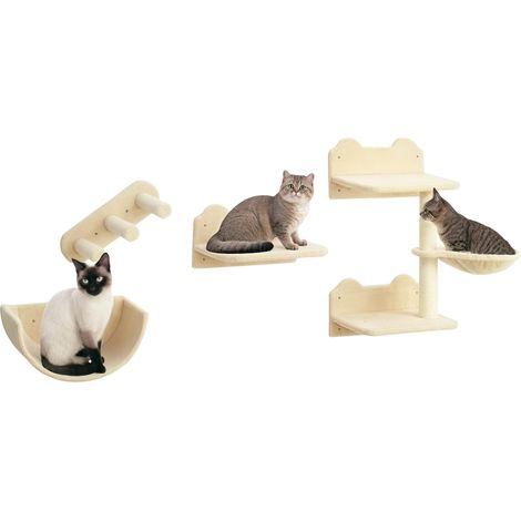 Ensemble d'escalade pour chat, 4 pièces, comprenant un escalier, un hamac, une plateforme et un griffoir, beige