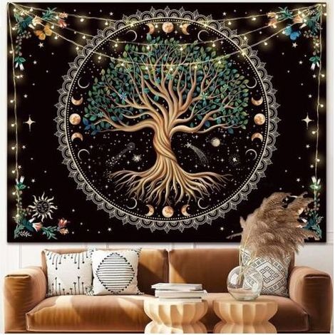 Wandteppich mit Mondphasen, Lebensbaum, Blumen, Pflanzen, Schmetterlingsmotiven, im Bohème-Stil, Mandala, spirituell, Wandbehang für die Dekoration von Zuhause, Schlafzimmer, Wohnzimmer, Studentenwohn (1/5)
