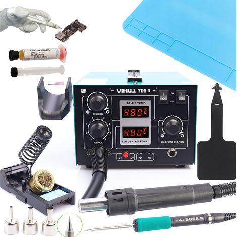 Professionelle 2-in-1 Heißluft-Lötstation + T12 Yihua 706 II System + Flussmittel + Matte + Verbrühungsschutz