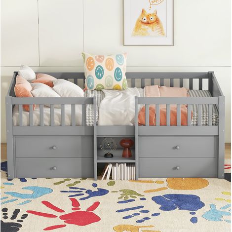 DESVIAE Lit mezzanine mi-hauteur 90 x 200 cm avec 4 tiroirs echelle et barriere de securite en pin et MDF gris (1/5)