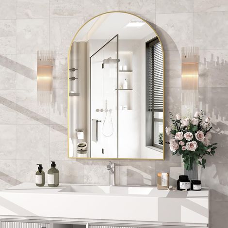 1 Miroir Arqué 60x90cm Cadre Métal Doré Verre HD Anti-éclats Pour Salle De Bain Salon Entrée (1/5)