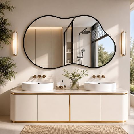 Wall Mirror, 66x116cm Cloud Wavy Hanging Mirror, Irregular Asymmetrical Bathroom Mirror with 3mm HD Tempered Glass and Aluminum Alloy Frame for Living Room/Bedroom/Entryway/Hallway (Black) (1/5)