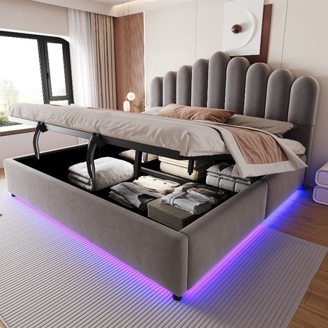 Polsterbett 180x200 cm mit hydraulischem Stauraum und LED-Beleuchtung, modernes Doppelbett aus Samtstoff in Grau inklusive Lattenrost (1/5)