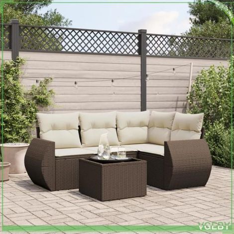 Salon de jardin - 3253660 - Résine tressée marron - Coussins crème déhoussables - Rangement sous assise étanche (1/3)