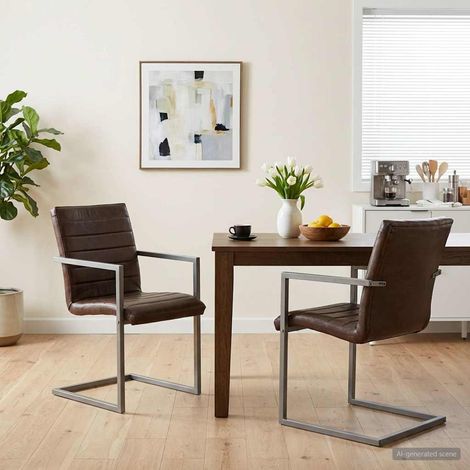 vidaXL Chaises à manger cantilever lot de 2 marron cuir véritable (1/5)