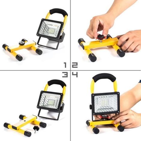 Projecteur LED - 30 W - 2400 Lumen - 3 Modes Éclairage Modéré Puissant Gyrophare - Portable Acier - 25 x 13,5 x 16,6 cm - 3 Batteries 2800 mAh (1/4)