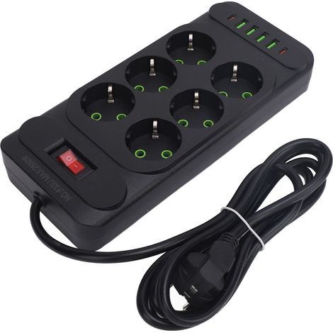 Multiprise 6 Prises 4 USB 2 Type C Ports Fixation Murale Prise Électrique avec Interrupteur et Câble Prolongateur 2m (1/5)