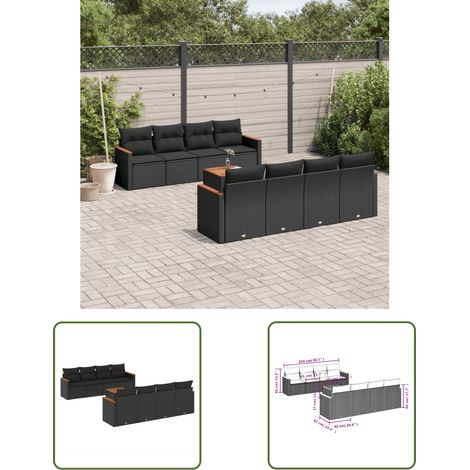 The Living Store 9-tlg. Garten-Sofagarnitur mit Kissen Schwarz Poly Rattan - Gartenmöbel Set - Esszimmergarnitur - Outdoor Möbel - Lounge Sofa - Rattan Gartenmöbel (1/3)