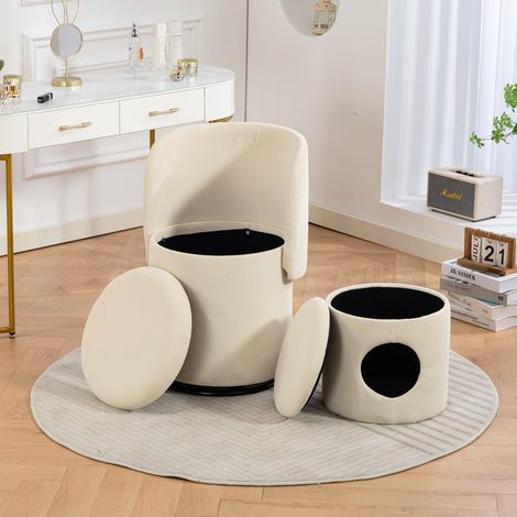 Poltroncina girevole 360° imbottita con contenitore in velluto a coste beige OKWISH (1/5)