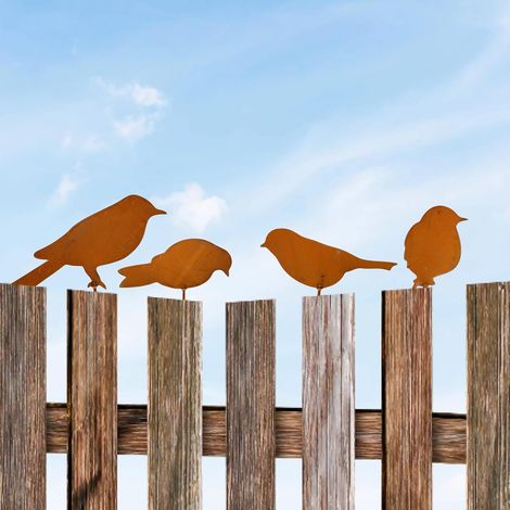 4 Oiseaux, Décoration Jardin Métal, Patine Rouille, Fixation Vis, Extérieur Arbre Clôture (1/5)