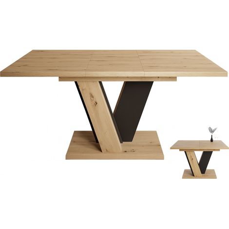 Dusine – Table extensible en bois de chêne 120-160 cm – Pied central en V – Pour 4-6 personnes – Rangement facile de la rallonge