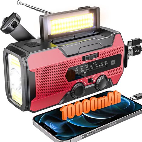 Radio Solaire à Manivelle, Radio Portable AM/FM 10000mAh, Radio d'urgence avec Lampe Torche LED, Lampe Lecture, Alarme SOS, Radio Survie Idéal pour Camping, Voyages, Urgence, Rouge (1/5)