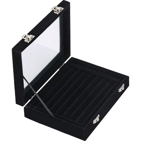 Schwarze Schmuckaufbewahrungsbox 20x15x5 cm, Präsentationsbox für Ringe, Ohrringe und Manschettenknöpfe, Kapazität für 48 Ringe, kompaktes und elegantes Aufbewahrungskästchen. (1/5)