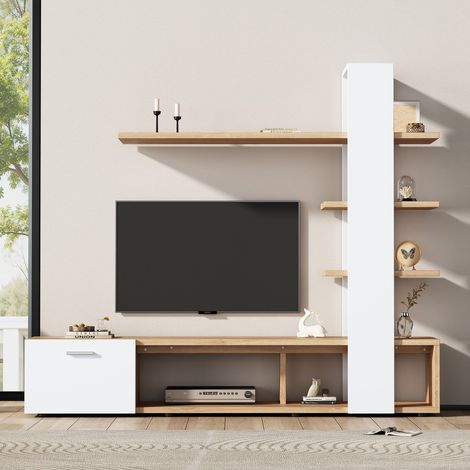 Ensemble de meubles de salon mural 180x33.5x151.5cm (meuble TV lowboard blanc chêne), pour TV 60", design moderne (1/5)