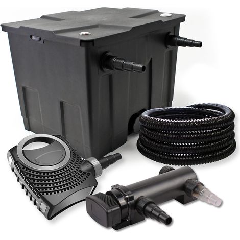 SunSun Komplettset: CBF-350 Teichfilter bis 12000 L Teichfilteranlage als Durchlauffilter, CTF-8000 SuperECO Teichpumpe 8000l/h 70W, CUV-318 Teichklärer UVC Klärer mit 18W, 25m Teichschlauch 25 mm