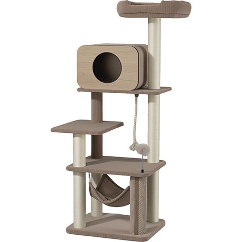 Fudajo Árbol rascador Forest Oak de 152 cm, color beige, rascador para gatos con casita, hamaca, sisal, torre para gatos con elemento de masaje (1/5)