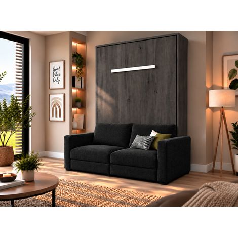 Les Tendances – Lit escamotable vertical 160x200 cm avec canapé intégré – Ouverture assistée par vérins à gaz – Tissu anti-taches – Structure en pin massif