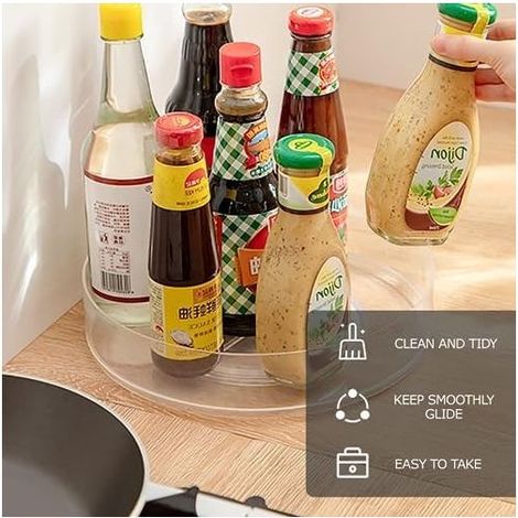 Plateau tournant transparent Lazy Susan 360° (23,5 x 23,5 x 6,3 cm) pour épices, rangement de cuisine sans perçage. (1/5)