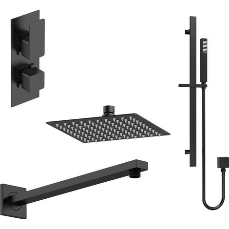 Balterley Empire Modern Square 2 Outlet Shower Valve, Head, Wall Arm and Slide Rail Handset Bundle - Black