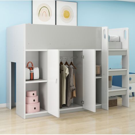 Letto a soppalco moderno 90x200 cm grigio in legno, con scala, armadio e scaffali portaoggetti (1/5)