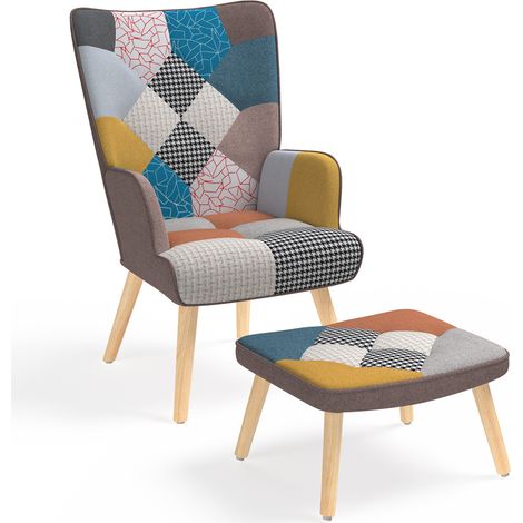 Idmarket – Fauteuil crapaud scandinave avec repose-pieds en tissu patchwork – Design élégant – Pieds en bois clair – Confort optimal pour salon (1/5)