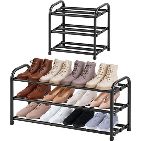 Meuble à Chaussure Entrée Étroit Extensible 3 Niveaux, Rangement Porte Étagère à Chaussure en Métal Noir 6 à 12 Paires, pour Entrée, Extérieur, Armoires, Chambres à Coucher (1/5)