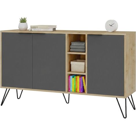 Dmora - Kommode Perseus, Wohnzimmerbuffet, Wohnzimmer-Sideboard, Moderne Küchen-Speisekammer, 142x36h83 cm, Eiche und Anthrazit, mit verstärkter Verpackung