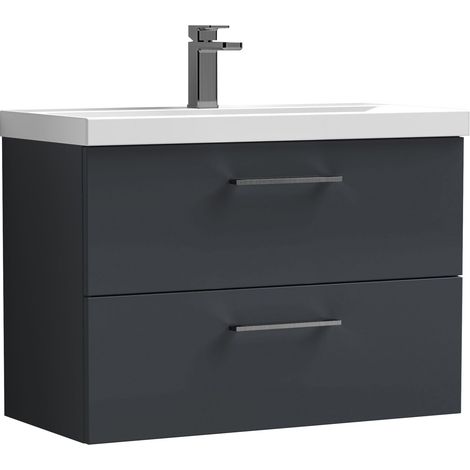 Balterley 800mm Wall Hung Bathroom 2 Drawer Vanity Unit and 1 Tap Hole Ceramic Basin, Satin Dark Grey with Brushed Pewter Handles