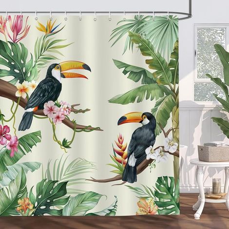 Rideau de Douche Tropicale Toucan Oiseaux Feuilles Rideau de Bain Tissu Polyester Anti Moisissure Imperméable Lavable Rideau Salle de Bain 180 x 180 cm avec 12 Crochets pour Baignoire (1/4)
