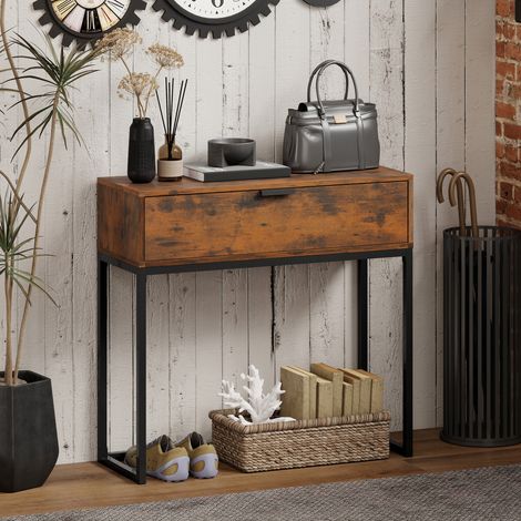 Console avec tiroir, style industriel, pour entrée ou salon, 80 x 30 x 76 cm, noire (1/5)